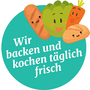 Button mit Illustrationen zum Thema frisches Backen und Kochen bei der Kinderkrippe Seepfärdli