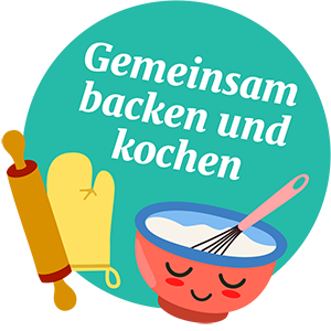 Button mit Illustration zum gemeinsamen Backen und Kochen mit den Kindern bei der Kinderkrippe Seepfärdli