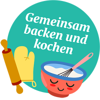 Button mit Illustration zum gemeinsamen Backen und Kochen mit den Kindern bei der Kinderkrippe Seepfärdli